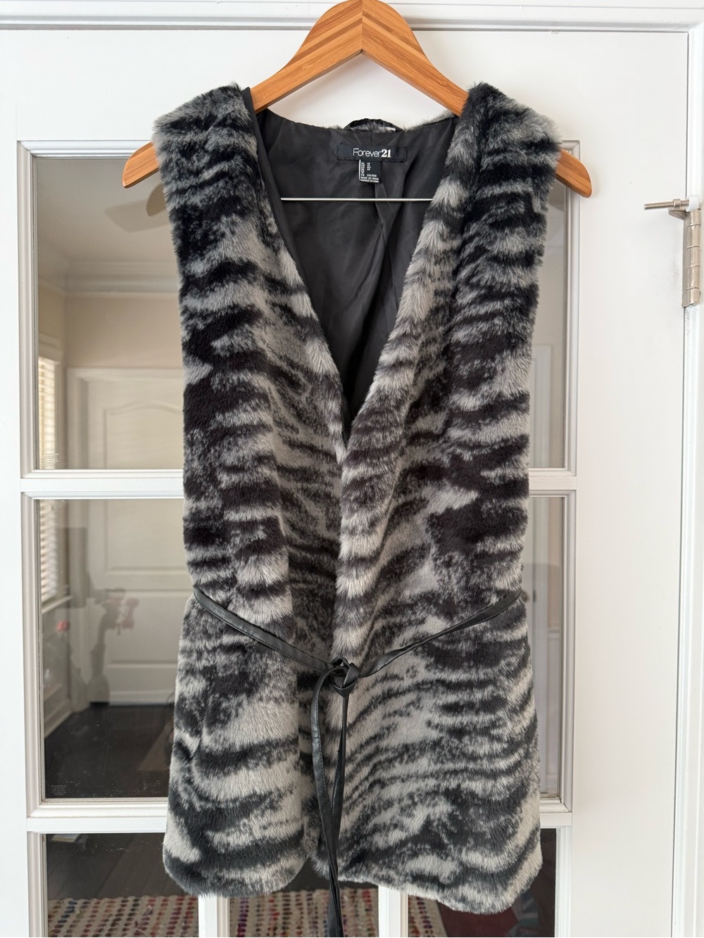 Forever 21 Gray & Black Faux Fur Sleeveless Tie-Front Vest